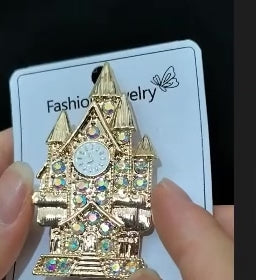 🦋 Cinderella's Iridescent Rhinestone Clock Tower Brooch